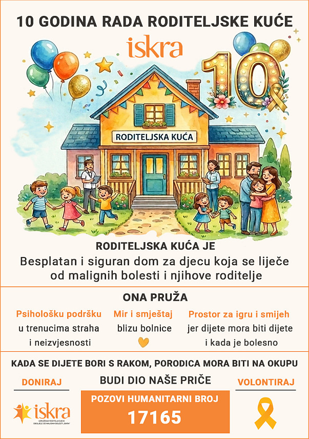 БАЊАЛУКА, 7. СЕПТЕМБРА /СРНА/ - Удружење родитеља дјеце обољеле од малигних болести "Искра" из Бањалуке сутра обиљежава 10 година постојања Родитељске куће у којој је до сада боравило више од 260 породица.