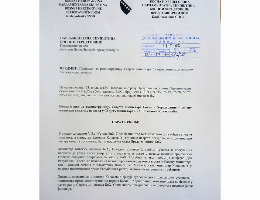 САРАЈЕВО, 13. ЈАНУАРА /СРНА/ - Шеф Клуба посланика СНСД-а у Представничком дому Парламентарне скупштине БиХ Сања Вулић изјавила је Срни да је данас овом дому предата иницијатива за смјену министра иностраних послова у Савјету министара Елмедина Kонаковића.