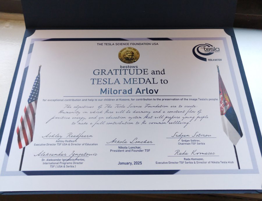 ШАМАЦ, 14. ЈАНУАРА /СРНА/ - На Међународној конференцији о насљеђу Николе Тесле која је одржана у Њујорку, награда "У Теслином духу" /Tesla Spirit Award/ додијељена је предсједнику Одбора за помоћ Србима на Косову и Метохији Милораду Арлову за хуманост и дугодишњу помоћ српском народу на Космету.