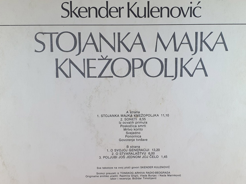 БИЈЕЉИНА, 24. ЈАНУАРА /СРНА/ - Писац Скендер Куленовић /1910-1978/, српски академик, аутор потресне поеме "Стојанка мајка Кнежопољка", коју је као учесник Народноослободилачког рата написао у јеку најжешћих борби, преминуо је 25. јануара 1978. године.