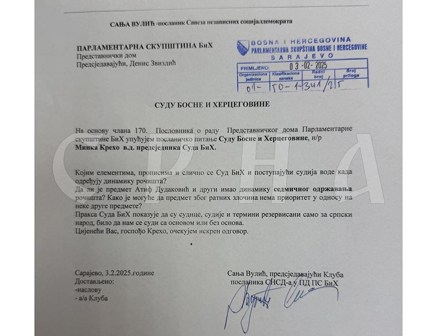 САРАЈЕВО, 3. ФЕБРУАРА /СРНА/ - Шеф Клуба посланика СНСД-а у Представничком дому Парламентарне скупштине БиХ Сања Вулић упутила је посланичко питање  вршиоцу дужности предсједника Суда БиХ Минки Крехо да јој одговори којим елементима и приписима се води Суд БиХ и поступајући судија када одређују динамику заказивања рочишта.
