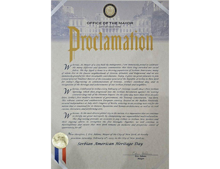 БЕОГРАД, 15. ФЕБРУАРА /СРНА/ - Град Њујорк и градоначелник Ерик Адамс прогласили су 15. фебруар Дан државности Србије - Даном српско-америчког насљеђа у Њујорку.