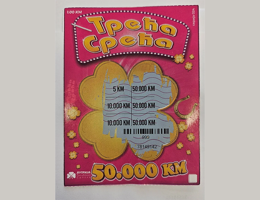 БАЊАЛУКА, 21. ФЕБРУАРА /СРНА/ - Добитник из Бањалуке освојио је 50.000 КМ на инстант срећки "Трећа срећа", објавила је Лутрија Републике Српске.