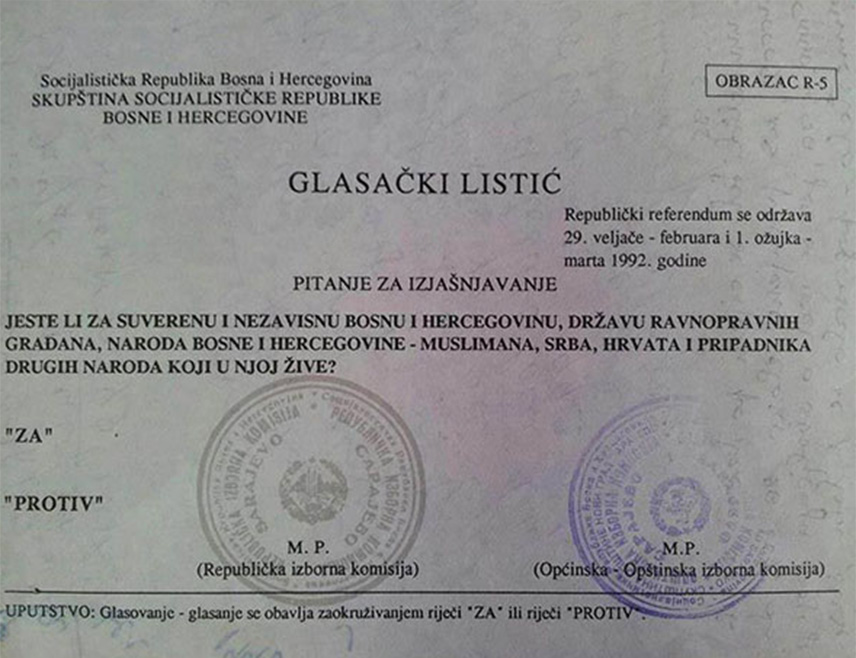 БИЈЕЉИНА, 28. ФЕБРУАРА /СРНА/ - Муслимани и Хрвати у БиХ су на неуставном референдуму 29. фебруара и 1. марта 1992. године гласали за отцјепљење од Југославије.