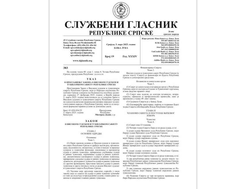 БАЊАЛУКА, 6. МАРТА /СРНА/ - Четири закона који су усвојени на посебној сједници Народне скупштине Републике Српске, а којима се забрањује дјеловање Суда и Тужилаштва БиХ, Сипе и ВСТС-а БиХ, ступили су на снагу, а од сутра ће бити у пуној примјени, изјавила је генерални секретар предсједника Српске Јелена Пајић Баштинац.