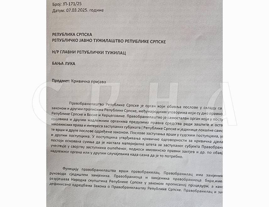 БАЊАЛУКА, 12. МАРТА /СРНА/ - Правобранилаштво Републике Српске поднијело је кривичну пријаву против тужилаца и судија у вануставним институцијама Суду и Тужилаштву БиХ који су поступали на основу наметнуте одлуке неизабраног високог представника, а не на основу закона који је усвојила Парламентарна скупштина БиХ, сазнаје Срна.