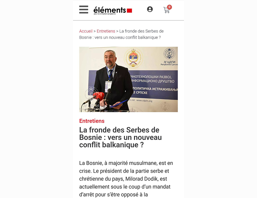 ПАРИЗ, 25. МАРТА /СРНА/ - Директор Центра за друштвено-политичка истраживања Републике Српске Душан Павловић рекао је за француски магазин "Елементс" да одлуке предсједника Српске Милорад Додика и Народне скупштине представљају одбрану дејтонског уставног поретка БиХ, а не напад на правосуђе.