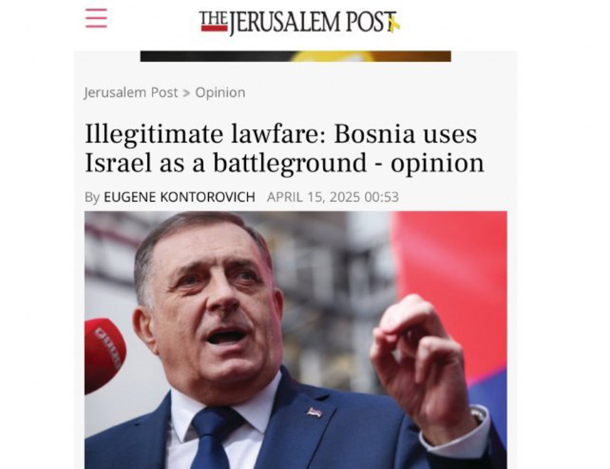 ТЕЛ АВИВ, 15. АПРИЛА /СРНА/ - Израелцима би чудна прича о политичким тензијама у БиХ требала да скрене пажњу на лицемјерје европских држава, с обзиром на то да када оне дјелују у БиХ, сматра се да најбоље знају шта је добро за ту земљу, док се Израелу приговара што на палестинским територијама дјелује у складу са правом на самоодбрану загарантованим Повељом УН, навео је професор уставног и међународног права у Правној школи "Антонин Скалиа" на Универзитету "Џорџ Мејсон" Јуџин Конторович.