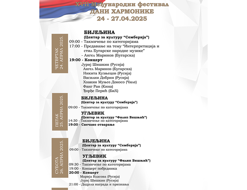 БИЈЕЉИНА, 24. АПРИЛА /СРНА/ - Угљевик и Бијељина ће од данас бити домаћини Међународног фестивала "Дани хармонике", једног од најзначајнијих музичких догађаја у региону који ће окупити учеснике из 20 земаља.