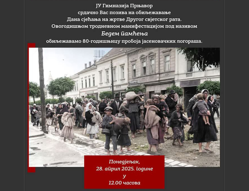 ПРЊАВОР, 24. АПРИЛА /СРНА/ - Гимназија у Прњавору од понедјељка до сриједе, 28. до 30. априла, организује манифестацију "Бедем памћења" којом се обиљежавају Дани сјећања на жртве Другог свјетског рата и 80 година од пробоја јасеновачких логораша.