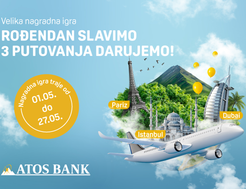 БАЊАЛУКА, 6. МАЈА /СРНА/ - Атос банка Бањалука организовала је велику наградну игру за све клијенте, а три најсрећнија добитника биће награђена путовањима у Дубаи, Истанбул и Париз.