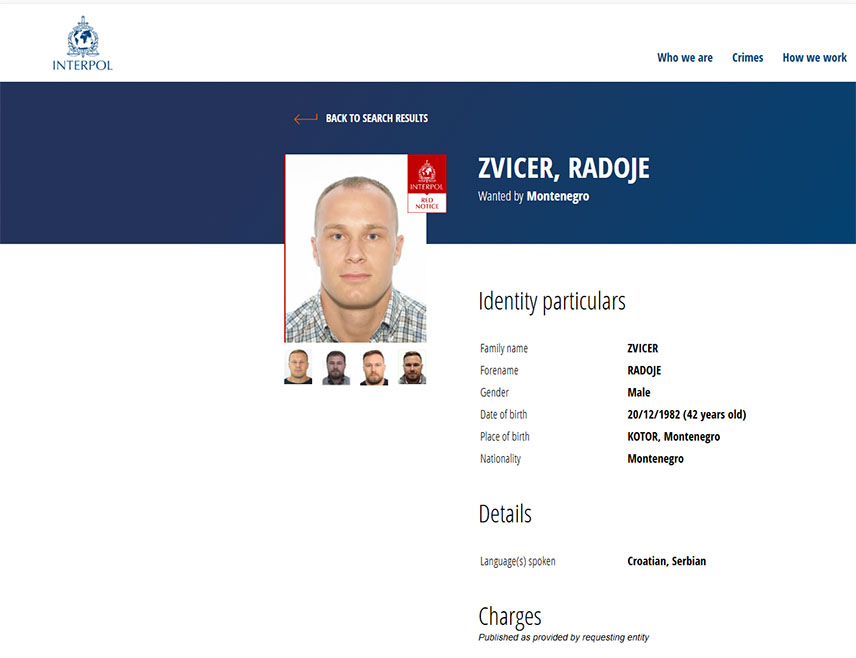 ПОДОГРИЦА, 9. МАЈА /СРНА/ - Генерални секретаријат Интерпола у Лиону објавио је данас црвену потјерницу за Радојем Звицером /42/, који се потражује ради вођења постпупка пред Вишим судом у Подгорици за више тешких кривичних дјела, саопштено је из Управе полиције Црне Горе.