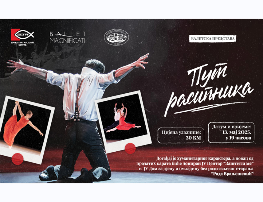 БАЊАЛУКА, 12. МАЈА /СРНА/ - Балетска представа "Пут расипника" америчке балетске трупе "Балет Магнификат" биће изведена сутра у Народном позоришту Републике Српске, а сав новац од продатих улазница биће дониран Центру "Заштити ме" и Дому за дјецу и омладину без родитељског старања "Рада Врањешевић".