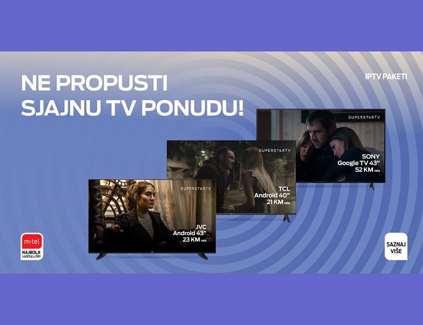 БАЊАЛУКА, 4. ЈУНА /СРНА/ - Компанија "М:тел" нуди корисницима најновије TВ пакете са више од 300 канала и разноврсним видеотекама, као и телевизоре на рате, прилагођене свим потребама и просторима.