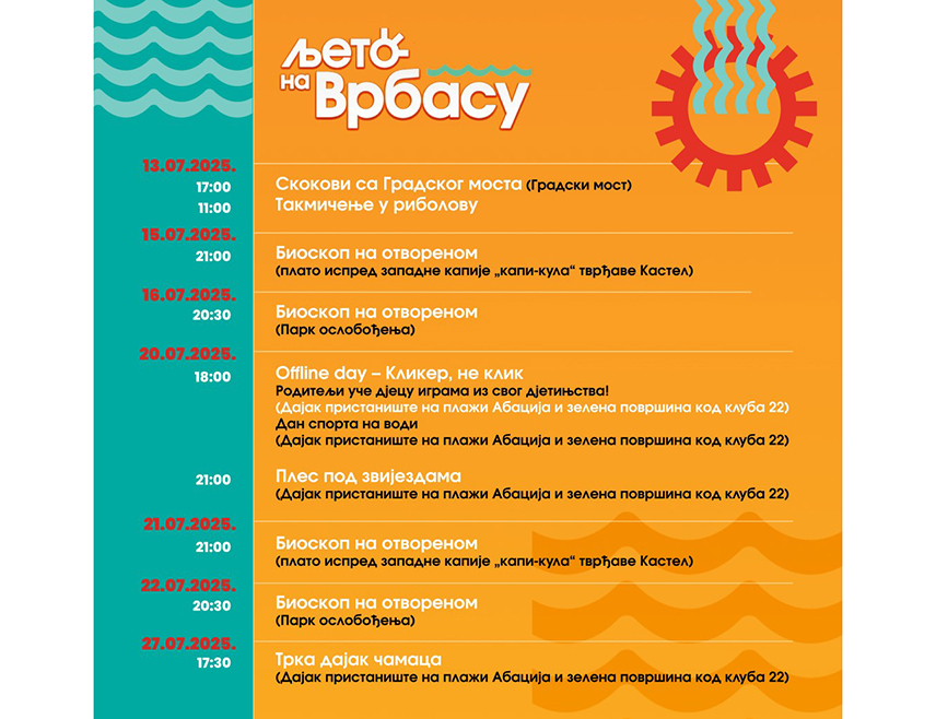 БАЊАЛУКА, 11. ЈУЛА /СРНА/ - Традиционална бањалучка манифестација "Љето на Врбасу"
почеће у недјељу, 13. јула, уз традиционалне скокове са Градског моста, за које су се пријавила 24 скакача, од којих осам из Србије, а биће одржано и такмичење у риболову, речено је Срни у Туристичкој организацији града Бањалука.
