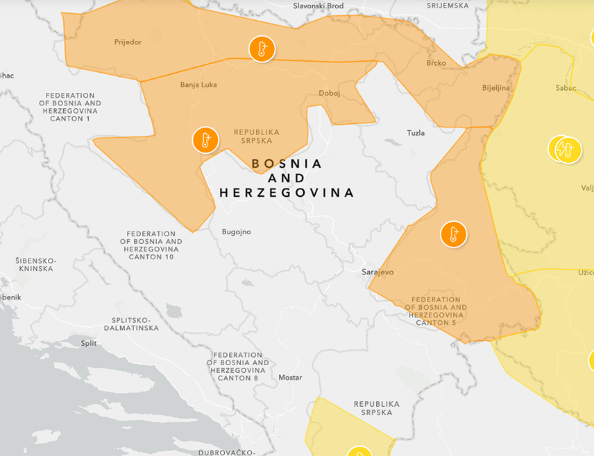 САРАЈЕВО, 20. ЈУЛА /СРНА/ - За већину крајева у Републици Српској и Федерацији БиХ данас је на снази наранџасти метеоаларм због високе температуре ваздуха.