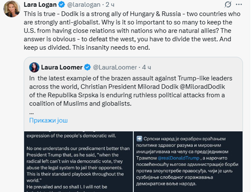 BIJELJINA, OCTOBER 23 /SRNA7 – Prominent American journalist Lara Logan stated that President Milorad Dodik is a strong ally of Hungary and Russia, two nations that are firmly anti-globalist.