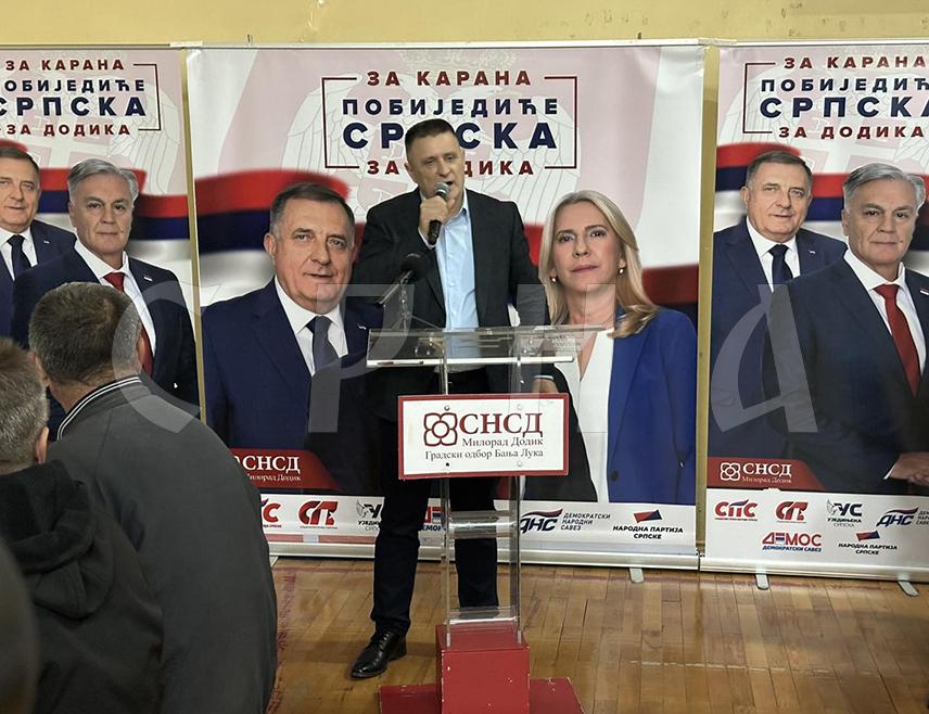 БАЊАЛУКА, 9. НОВЕМБРА /СРНА/ - Глас за кандидата СНСД-а за предсједника Републике Српске Синишу Карана је глас за Републику Српску и сигурност, рекао је предсједник Градског одбора СНСД-а Владо Ђајић и позвао грађане да изађу на изборе 23. новембра.