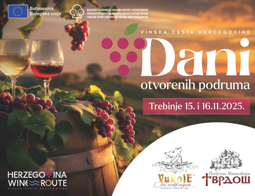 САРАЈЕВО, 15. НОВЕМБРА /СРНА/ - Манифестација "Дани отворених подрума" наставља се овог викенда у Требињу, уз спој духовности, традиције и модерног стваралаштва које чува насљеђе, а домаћини су манастир Тврдош и "Подруми Вукоје 1982", саопштено је из Спољнотрговинске коморе БиХ.