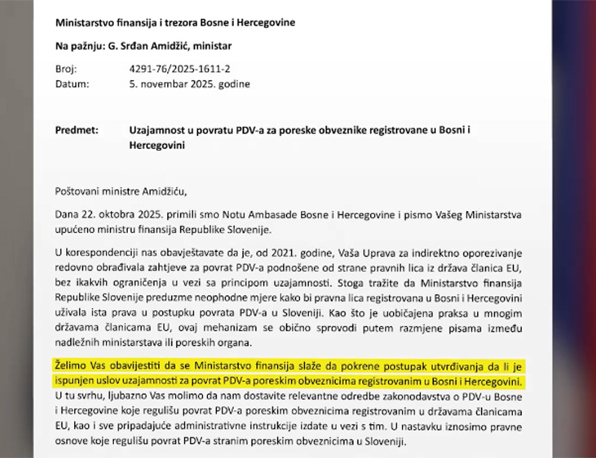 САРАЈЕВО, 22. НОВЕМБРА /СРНА/ - Словенија је званично обавијестила министра финансија и трезора у Савјету министара Срђана Амиџића да покреће поступак утврђивања испуњености услова реципроцитета за поврат ПДВ-а превозницима из БиХ, што представља значајан корак ка њиховој равноправној позицији у земљама ЕУ.