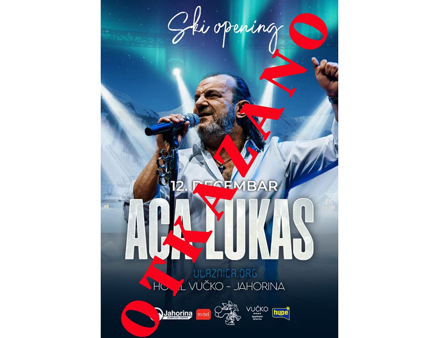 ЈАХОРИНА, 30. НОВЕМБРА /СРНА/ - Олимпијски центар "Јахорина" обавијестио је јавност да ће концерт Аце Лукаса, планиран за 12. децембар у оквиру Ски Опенинг догађаја, бити отказан, а да ће купљене карте важити за другог извођача, без потребе за замјеном.