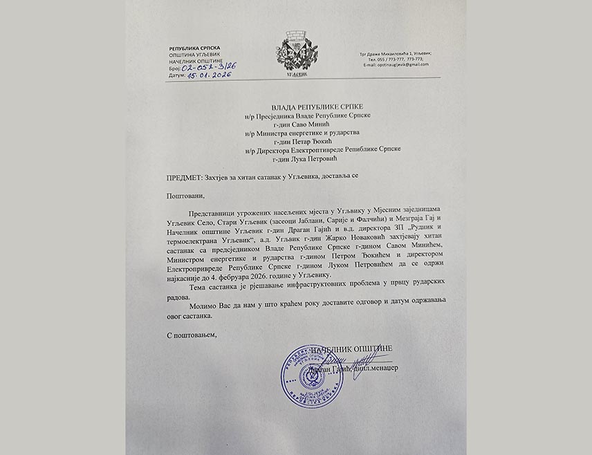 УГЉЕВИК, 15. ЈАНУАРА /СРНА/ - Мјештани угљевичких насеља угрожених клизиштима, представници локалне власти и Рудника и Термоелектране /РиТЕ/ Угљевик затражили су да 4. фебруара разговарају са републичким званичницима о рјешавању инфраструктурних проблема насталих усљед ширења површинског копа рудника.