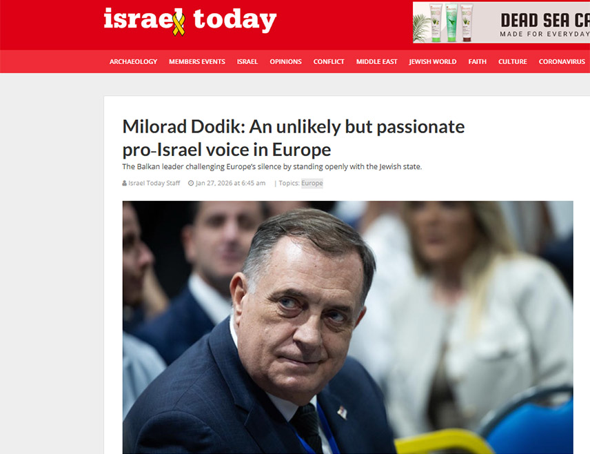 ТЕЛ АВИВ, 27. ЈАНУАРА /СРНА/ - Посјета лидера СНСД-а Милорада Додика Израелу веома је значајна за Израелце, јер његова подршка није ограничена на старе савезе или блокове, него је он један од лидера који се поистовјећују са израелском борбом против делегитимизације, егзистенцијалних пријетњи и историјског ревизионизма, пише лист "Израел тудеј".