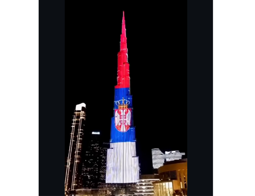 ДУБАИ, 15. ФЕБРУАРА /СРНА/ - Највиша зграда на свијету - Бурџ Калифа у Дубаију освијетљена је вечерас бојама заставе Србије поводом Сретења - Дан државности.