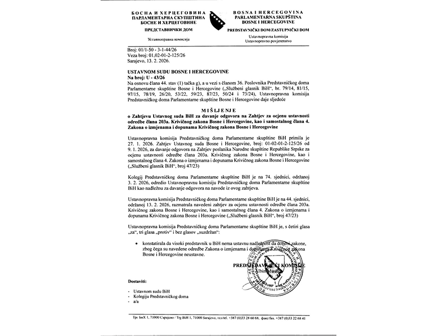 BANJA LUKA, FEBRUARY 17 /SRNA/ –Republika Srpska National Assembly Speaker Nenad Stevandić emphasized that the Opinion of the BiH Parliamentary Assembly's House of Representatives' Constitutional - Legal Commission that reads that the high representative does not have the constitutional authority to enact laws represents a verdict against Christian Schmidt.