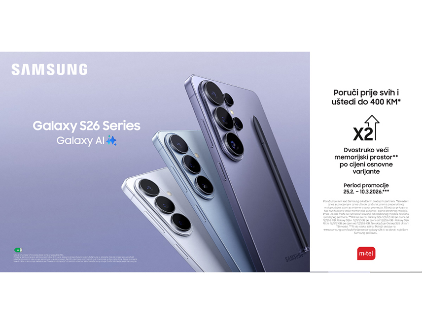 БАЊАЛУКА, 26. ФЕБРУАРА /СРНА/ - У понуди компаније "М:тел" је нова "галакси ес 26" серија телефона, а куповином у претпродаји корисници ће добити двоструко више меморијског простора по цијени основне варијанте, уз уштеду до 400 КМ.