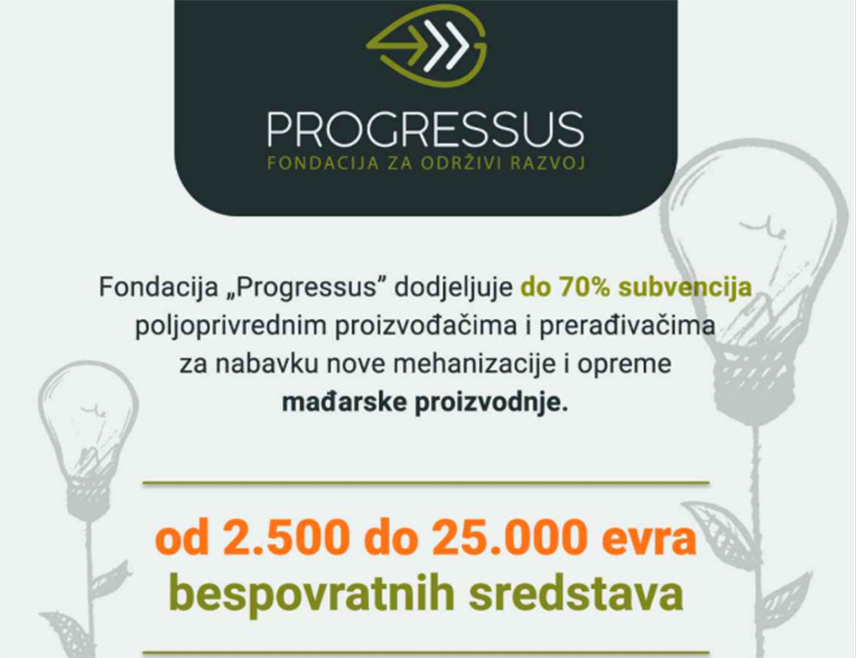 БАЊАЛУКА, 13. МАРТА /СРНА/ - Сви заинтересовани пољопривредни произвођачи и прерађивачи могу од данас до 13. априла да се пријаве нови јавни позив Фондације за одрживи развој "Прогресус" за додјелу бесповратних средства за набавку механизације, опреме и алата мађарске производње у износу од 2.500 до 25.000 евра, односно до 70 одсто укупних прихватљивих трошкова набавке, речено је Срни у овој фондацији.