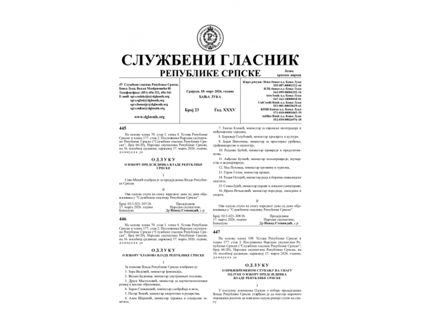 БАЊАЛУКА, 18. МАРТА /СРНА/ - У "Службеном гласнику Републике Српске" данас је објављена одлука о избору предсједника и чланова Владе Републике Српске.