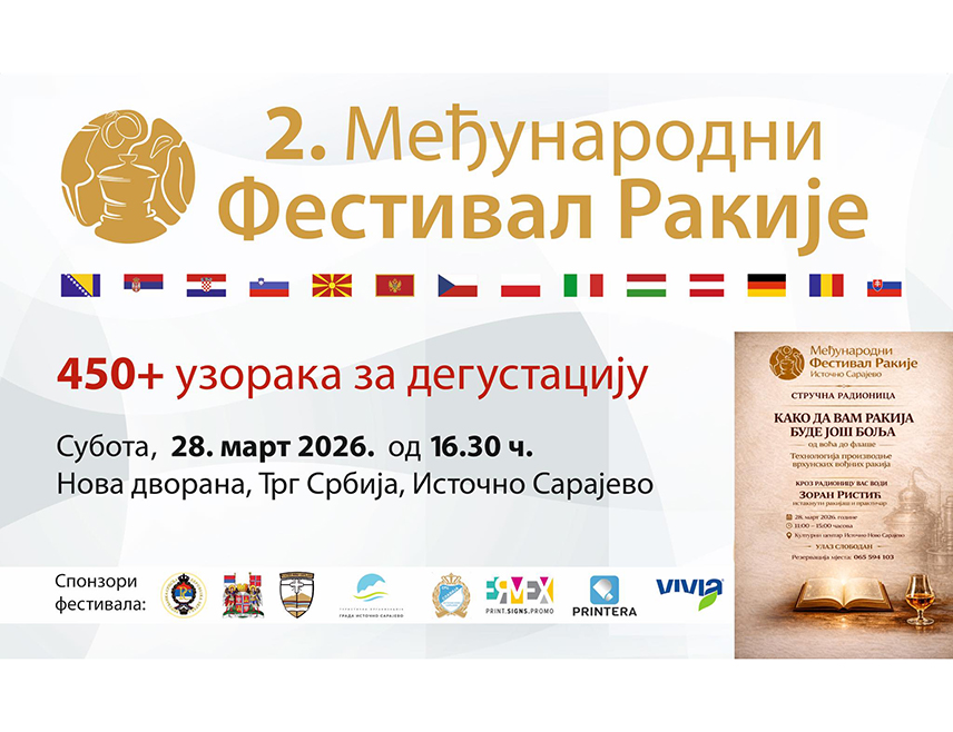 ИСТОЧНО НОВО САРАЈЕВО, 19. МАРТА /СРНА/ - Међународни фестивал ракије биће одржан у суботу, 28. марта, у Источном Новом Сарајеву, а пристигло је 456 узорака из 14 земаља.