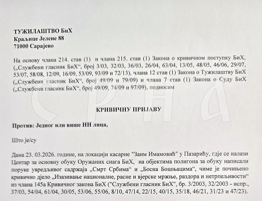 SARAJEVO, MARCH 26 /SRNA/ - Deputy Minister of Defense in the Council of Ministers Aleksandar Goganović has filed a criminal complaint with the Prosecutor's Office of BiH against unknown persons over offensive graffiti on barracks in Pazarić, stating that he expects the case to be resolved.