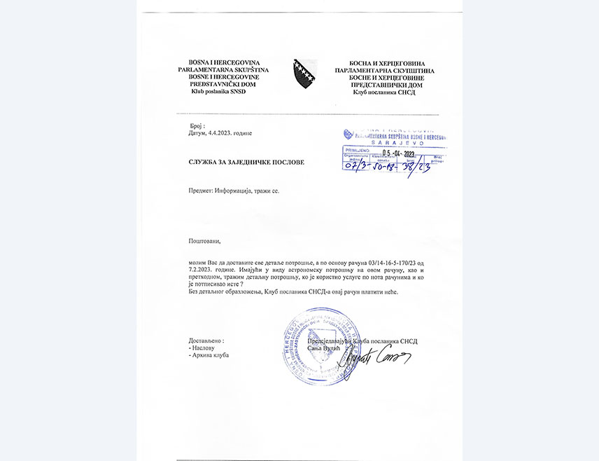 САРАЈЕВО, 2. АПРИЛА /СРНА/ - Шеф Клуба посланика СНСД-а у Представничком дому Парламентарне скупштине БиХ Сања Вулић одбацила је као неосноване оптужбе да овај клуб дугује за угоститељске услуге, те истакла да су спремни да правним путем заштите свој углед.