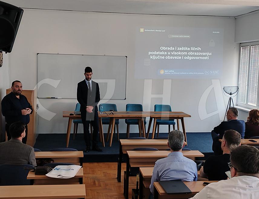 БАЊАЛУКА, 6. АПРИЛА /СРНА/ - Предавање о теми "Обрада и заштита личних података у високом образовању: кључне обавезе и одговорности" одржано је данас на Филозофском факултету Универзитета у Бањалуци, којем су присуствовали запослени, професори и студенти.