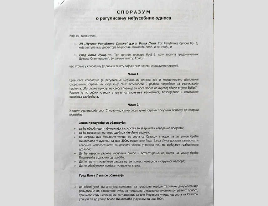 БАЊАЛУКА, 18. АПРИЛА /СРНА/ - Јавно предузеће "Путеви Републике Српске" још није добило одговор Градске управе Бањалука на допис од 2. априла у којем се тражи да Град заврши преузете обавезе у пројекту изгадње моста у насељу Чесма.