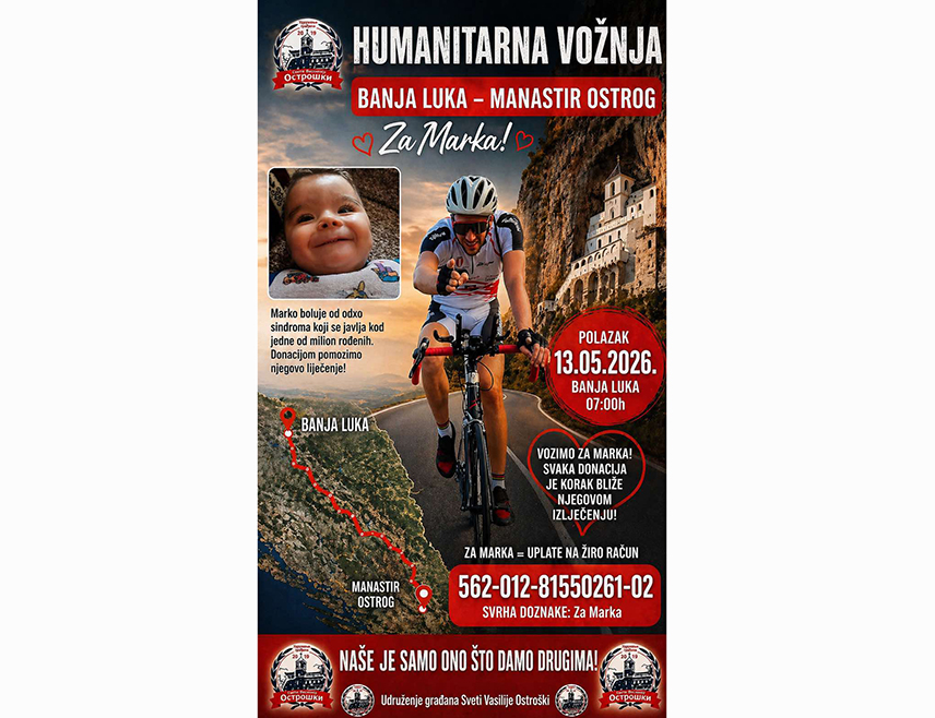 БАЊАЛУКА, 30. АПРИЛА /СРНА/ – Из Бањалуке ће у сриједу, 13. маја, кренути хуманитарна бициклистичка вожња до манастирa Острог дуга 413 километара с циљем прикупљања средстава за лијечење дјечака Марка који болује од ријетког генетског обољења.