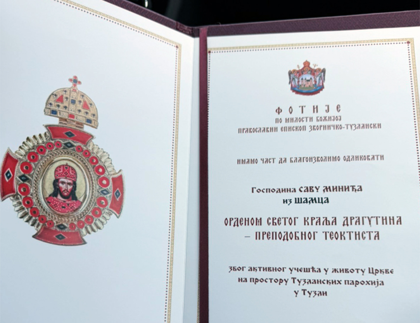 BANJA LUKA, JUNE 7 /SRNA/ – Republika Srpska Prime Minister Savo Minić has been awarded the Order of Saint King Dragutin by the Zvornik-Tuzla Diocese.