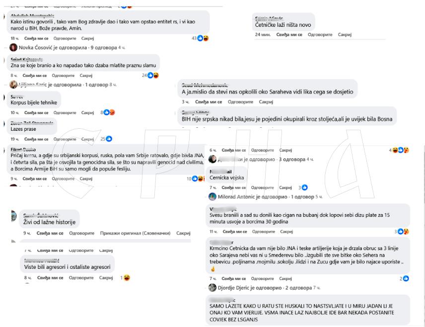 БИЈЕЉИНА, 17. ЈУНА /СРНА/ - Већи број увредљивих коментара против Републике Српске, српског народа и бораца Војске Републике Српске написан је испод видеа са обиљежавања Дана одбране Сарајевско-романијске регије, објављеног на званичном налогу Новинске агенције Републике Српске - СРНА на друштвеној мрежи "Фејсбук".