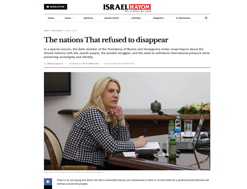 JERUSALEM, JUNE 21 /SRNA/ – Serbs and Jews were assigned the same role during the darkest moments of 20th-century human history, but they refused to be erased from Earth and will never allow the martyrs of Jasenovac or the victims of the Holocaust to be forgotten or such crimes to be repeated, said Željka Cvijanović, the Serb BiH Presidency member.