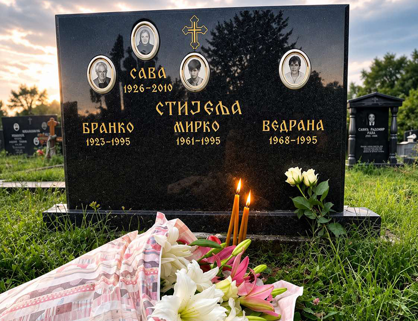 БЕОГРАД, 2. АВГУСТА /СРНА/ - Александра Поповић је као дјевојчица од три и по године била у избјегличкој колони коју су прије 31 године бомбардовали хрватски авиони на Петровачкој цести, гдје су јој убијени отац Мирко /33/ и дјед Бранко /72/, док су она, брат Саво и мајка Ведрана, која је била у деветом мјесецу трудноће, погођени гелерима.