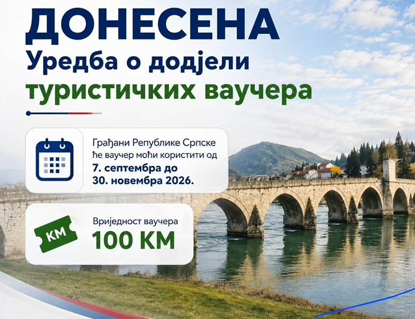 БАЊАЛУКА, 15. АВГУСТА /СРНА/ - Туристичке ваучере у вриједности од 100 КМ, у складу са уредбом Владе Републике Српске, граћани ће ове године моћи да користе од 7. септембра до 30. новембра, саопштено је из Министарства трговине и туризма Српске.
