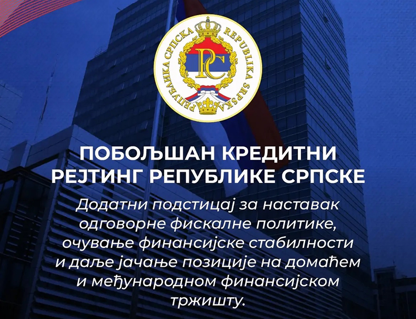 БАЊАЛУКА, 15. АВГУСТА /СРНА/ - Међународна рејтинг агенција "Стандард енд пурс" у најновијем извјештају побољшала је изгледе кредитног рејтинга Републике Српске на "Б стабилан", саопштила је Влада Српске.