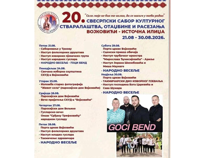 ТРНОВО, 20. АВГУСТА /СРНА/ - Свесрпски сабор културног стваралаштва, отаџбине и расејања почиње сутра и Трнову, а до 30. августа биће одржан на више локација на подручју Источног Сарајева.