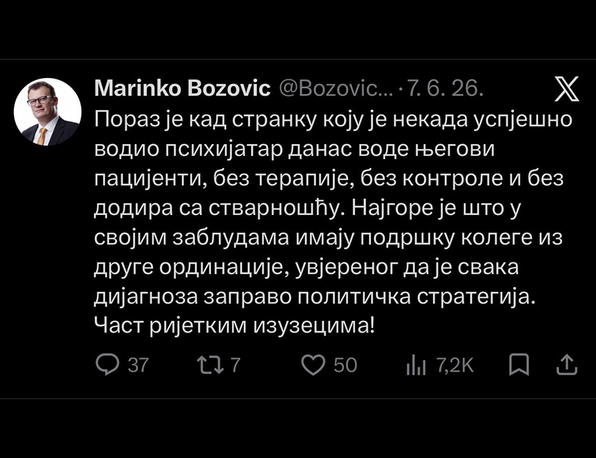САРАЈЕВО, 17. СЕПТЕМБРА /СРНА/ - Члан Предсједништва СНСД-а Сташа Кошарац упитао је кандидата СДС-а за српског члана Предсједништва БиХ Маринка Божовића да ли остаје при свом ранијем ставу да "СДС воде Радованови пацијенти"?