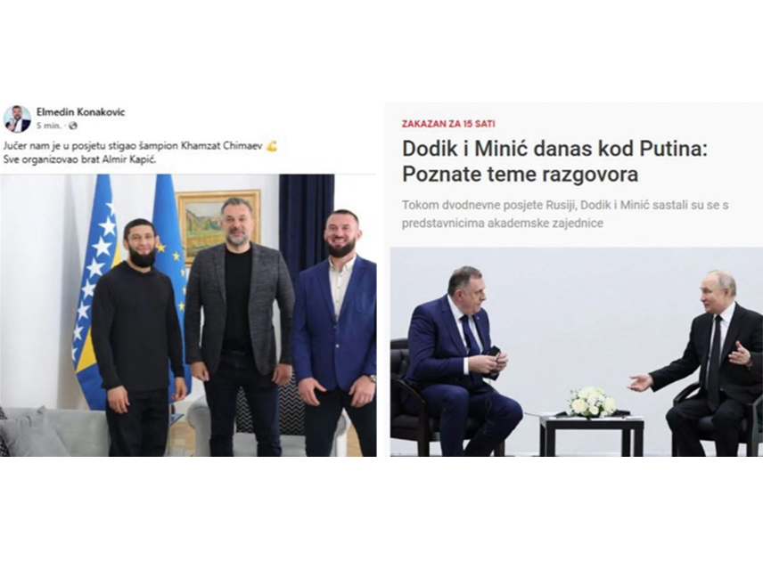САРАЈЕВО, 29. СЕПTЕМБРА /СРНА/ - Предсједник Милорад Додик састаје се са руским предсједником Владимиром Путином, са израелским премијером Бењамином Нетанјахуом, а домет министра иностраних послова у Савјету министара Елемдина Конаковића је сусрет са ММА борцем, пише Дневни аваз.