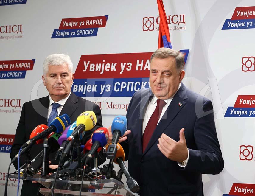 BANJA LUKA, OCTOBER 12 /SRNA/ - The SNSD and HDZ BiH will continue working together, and the first step will be the constitution of the BiH Presidency, which will include Željka Cvijanović and Darijana Filipović, SNSD leader Milorad Dodik said after a meeting with an HDZ BiH delegation in Banja Luka.