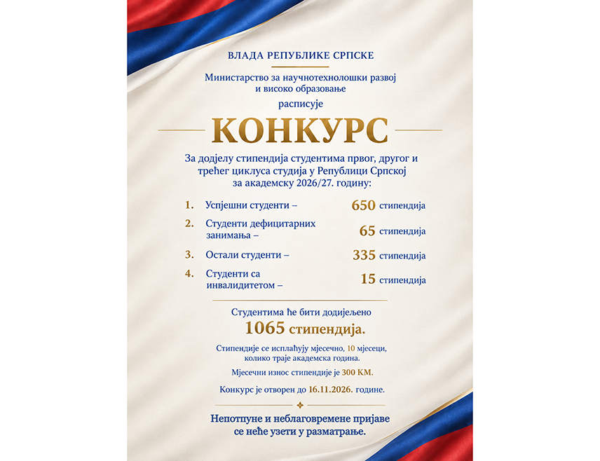 БАЊАЛУКА, 27. ОКТОБРА /СРНА/ - Министарство за научнотехнолошки развој и високо образовање Републике Српске објавило је данас конкурс за додјелу укупно 1.065 стипендија студентима првог, другог и трећег циклуса студија за академску 2026/27. годину.